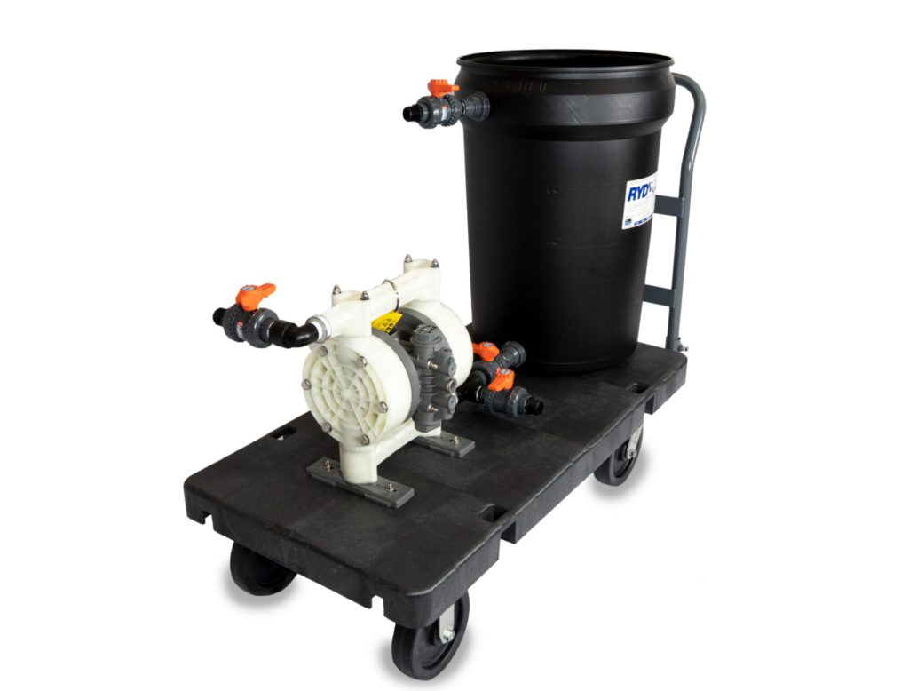 The 1'' pneumatic descaling system cart is a versatile unit assembled on a 2'X4' heavy duty plastic cart with 8'' swivel wheels.