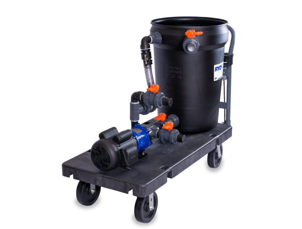 The 1.5'' unit is assembled on a 2'X4' heavy duty plastic cart with 8'' swivel wheels. This high quality system contains a 30-gallon circulation bucket with a drain valve coupled via bulkhead fittings to multiple true-union valves for simplistic operation.
All electric pumps are 115v.