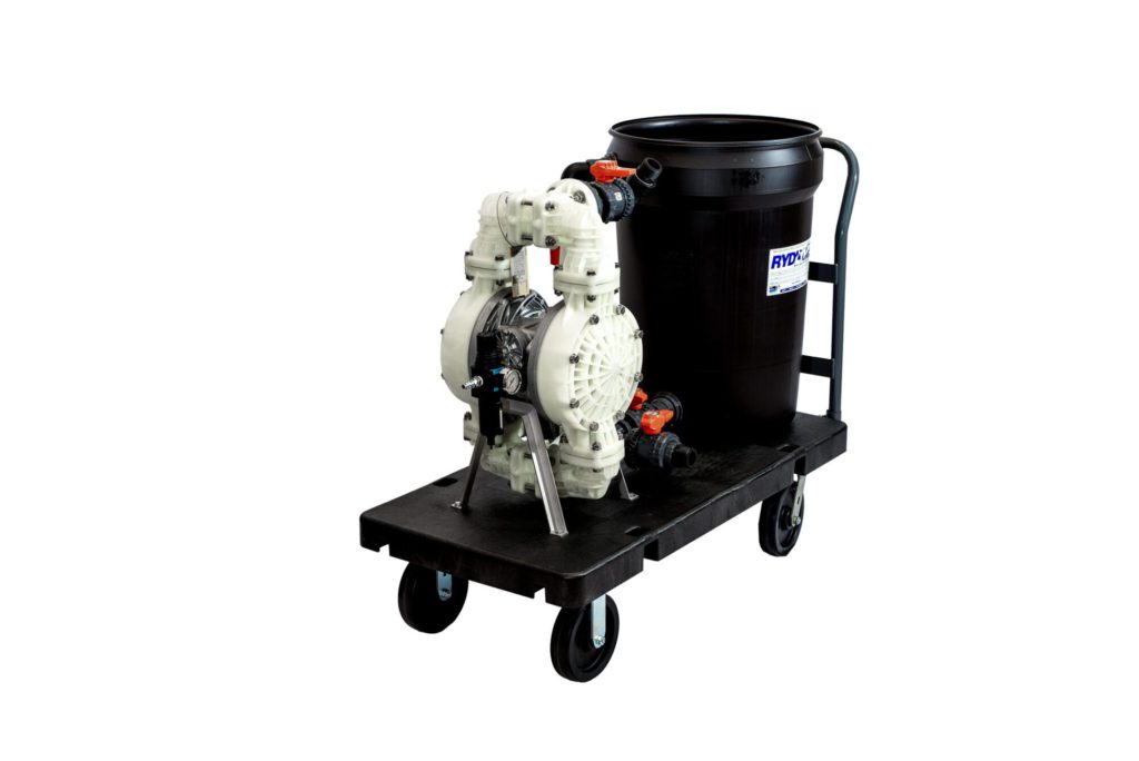 *CALL FOR LEAD TIME*
The 1.5'' unit is assembled on a 2'X4' heavy duty plastic cart with 8'' swivel wheels. This high quality system contains a 30-gallon circulation bucket with a drain valve coupled via bulkhead fittings to multiple true-union valves for simplistic operation.
All electric pumps are 115v.