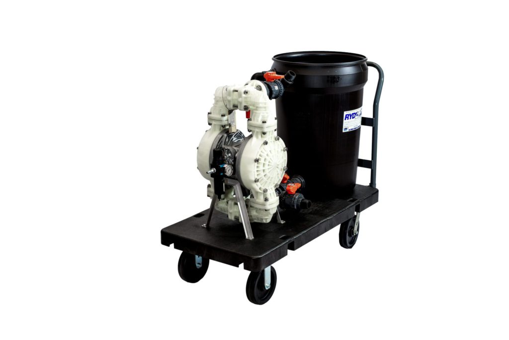 The 1.5'' unit is assembled on a 2'X4' heavy duty plastic cart with 8'' swivel wheels. This high quality system contains a 30-gallon circulation bucket with a drain valve coupled via bulkhead fittings to multiple true-union valves for simplistic operation.
All electric pumps are 115v.