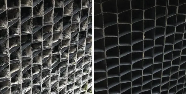 Water Scale on a Cooling Tower Before and After RYDLYME descaler